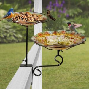 2-in-1 Deck Mounted Bird Bath for Outside Glass Birdbath Bowl & Birdfeeder with Adjustable Sturdy Metal Clamp for Railing Balcony 11" Dia, Sunflower
