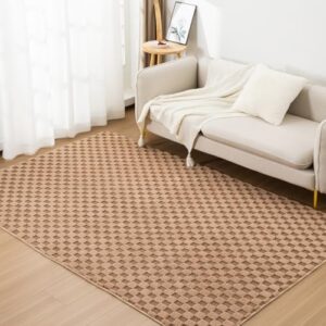 Aimuan Checkered Print Area Rug Cute Checkerboard Rugs Soft Shaggy Carpets Back Non-Slip Mat for Kids Bedroom Living Room Nursery Home Decor (Khaki, 3x5ft)