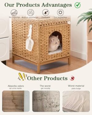 Cat Litter Box Enclosure Hidden Litter Box Furniture with Metal Heightened Feet, Rattan Handwoven Cat House with Litter Mat, Hidden Litter Box Furniture for Bedroom Living Room Natural - Image 4