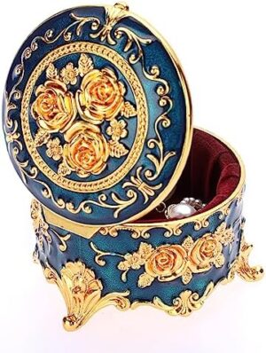 Hipiwe Antique Metal Jewelry Box Ring Earring Treasure Chest Case Small Trinket Box Round Jewelry Display Box Necklace Organizer Wedding Birthday Gift Home Decor, 3x3x2.4 inch - Image 8