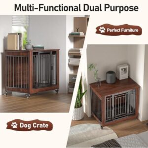 Dog Crate Furniture, 32" Dog Kennel Furniture, Small Dog Kennel Indoor, Dog Crates for Small Dogs, Wooden Dog Crate with Wheels, Tray, Feeding Window - Image 6