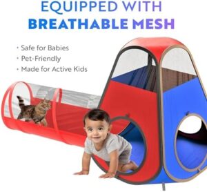 Playz 4pc Pop Up Play Tent and Tunnel Bundle for Toddlers and Kids - Indoor & Outdoor Playhouse with Storage Bag, Red & Blue - Image 7