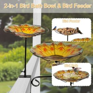2-in-1 Deck Mounted Bird Bath for Outside Glass Birdbath Bowl & Birdfeeder with Adjustable Sturdy Metal Clamp for Railing Balcony 11" Dia, Sunflower - Image 2