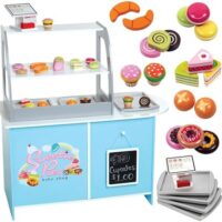 Wooden Bakery Playset Pretend Stand for Kids - 25 Piece Bake Shop Cafe Counter with Food, Donuts, Cake, Chalkboard, Cash Register, Trays & More- Durable Construction for Creative Playtime- Girls Gift