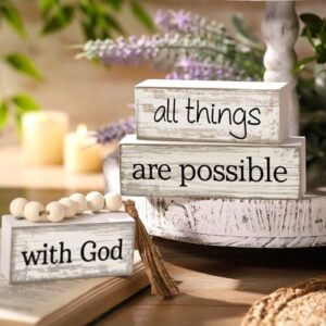 4 Pcs Farmhouse Wooden Tabletop Decor Farmhouse Tiered Tray Decor Rustic Retro Wood Bead Garland with God All Things are Possible Block Sign Neutral Centerpiece Sign for Home Shelf Mantle - Image 6