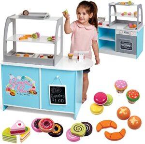 Wooden Bakery Playset Pretend Stand for Kids - 25 Piece Bake Shop Cafe Counter with Food, Donuts, Cake, Chalkboard, Cash Register, Trays & More- Durable Construction for Creative Playtime- Girls Gift - Image 5