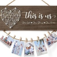 Mothers Day Gifts for Mom Women, Housewarming Gifts New Home Wall Decor Sign, This Is Us Family Picture Frame Wedding Gifts for Couples Farmhouse Rustic Wood Hanging Photo Holder New Homeowner Gifts
