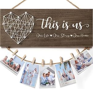 Mothers Day Gifts for Mom Women, Housewarming Gifts New Home Wall Decor Sign, This Is Us Family Picture Frame Wedding Gifts for Couples Farmhouse Rustic Wood Hanging Photo Holder New Homeowner Gifts