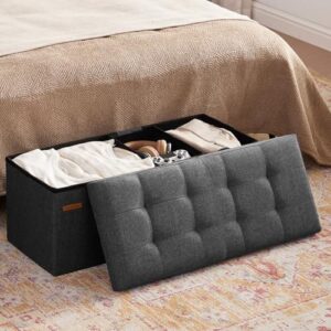 HAUSFRAU 31.5 Inches Ottoman with Storage Bench, Folding Ottoman Bench Small Foot Rest Stool, Bedroom Bench with Flipping Lid, Linen Dark Gray - Image 3