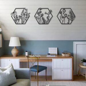 OYEFLY 3 Pcs Metal Flower Wall Art, Farmhouse Wall Decor (Black) - Image 6