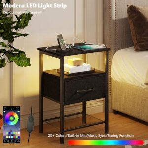 Night Stand Set 2, End Table with Charging Station, LED Bedside Table with Fabric Drawer for Bedroom, 3-Tier Side Table with Open Shelf, Black - Image 4