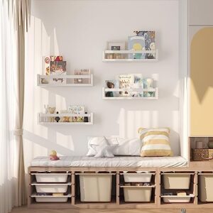 Set of 4 Wall-Mounted Kid's Bookshelf - White Floating Nursery Book Shelves - Durable Wood Construction - Ideal for Nursery Decor, Kids Room, Toy Storage - Image 6