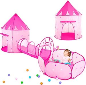 PigPigPen 3pc Kids Play Tent for Girls with Ball Pit, Crawl Tunnel, Princess Tents for Toddlers, Baby Space World Playhouse Toys, Boys Indoor& Outdoor Play House, Perfect Kid’s Gifts