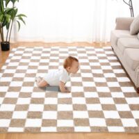 Super Soft Rug for Bedroom, 5x8 Ft Beige and White Area Rug Classic Checkered Shaggy Anti-Skid High Pile Soft Fluffy Rug Fuzzy Carpet for Living Room Bedroom Kids Room Nursery, Dorm Home Decor