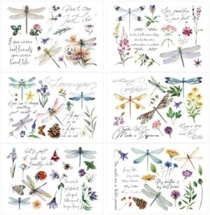 Rub on Transfers for Furniture Crafts Stickers - 6 Sheets Inspirational Dragonfly Rub on Transfer Stickers Furniture Crafts Flowers Decals for Wood Door Window Home Office Decor 11.8 x 8.2 Inch