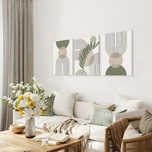 Sage Green Boho Wall Art Set of 3, Minimalist Framed Wall Art Geometric Line Leaf Sun Moon Beige Green Canvas Artwork Paintings, Abstract Botanical Boho Room Decor, Office, 12"x16" - Image 2