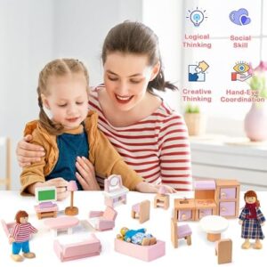 Kizfarm Wooden Dollhouse Furniture Set with 4 Family Dolls, 26 Pcs Pretend Play Dollhouse Accessories for 4 Rooms, Pink Furniture Toys Birthday Gifts for Girls Boys Age 3+ - Image 7