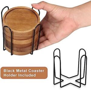 6 Pcs Best Wooden Coasters with Holder Coffee Table Decor Acacia Wood Coaster Set Modern Cup Coaster for Drink Home Dining Table Kitchen Accessories Cute Beer Bar Decorative Rustic Outdoor Coasters - Image 3