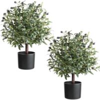 25.5” Tall Artificial Topiary Ball Olive Tree Set of 2 Pack, Olive Boxwood Topiary Ball Potted Bushes UV Resistant Potted Plants for Garden Indoor Outdoor Home Decor