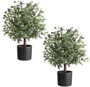 25.5” Tall Artificial Topiary Ball Olive Tree Set of 2 Pack, Olive Boxwood Topiary Ball Potted Bushes UV Resistant Potted Plants for Garden Indoor Outdoor Home Decor