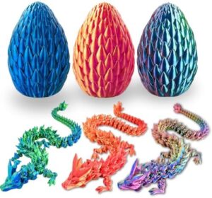 3D Printed 12” Articulated Crystal Dragon Inside 5.1” Egg – Fantasy Collectible, Fidget Toy & Stocking Easter Basket Stuffers for Home & Office Decor (3PCS-Egg)