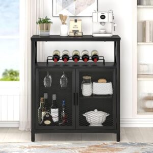 FOLUBAN Black Wine Bar Cabinet, Modern Coffee Bar Cabinet with Storage for Home, Farmhouse Sideboard Buffet Cabinet for Liquor and Glasses with Wine Rack for Kitchen Dining Living Room, 47 Inch - Image 7