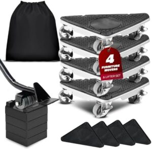Furniture Movers with 3 Wheels & Lifter Set - 360° Rotation, Supports 2650 lbs - Includes 4 Dollies, Pry Bar, Non-Slip Pads, & Storage Bag