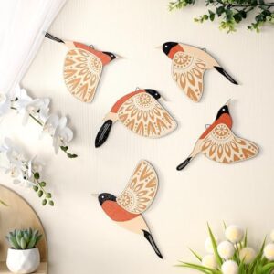 Barydat 5 Pcs Wooden Bird Wall Art Wood Flying Birds Wall Decor Rustic Folk Art Scandinavian Home Decor for Gift Living Room Bedroom Kitchen Office(Orange)