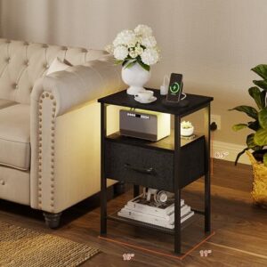 Night Stand Set 2, End Table with Charging Station, LED Bedside Table with Fabric Drawer for Bedroom, 3-Tier Side Table with Open Shelf, Black - Image 3