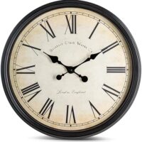 Bernhard Products Large Decorative Wall Clock 20 Inch Silent Non Ticking Battery Operated Quartz Vintage Stylish with Rustic Black Rim for Home Living/Dining Room Kitchen & Over Fireplace