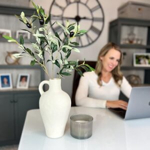 Luxurious Gift Set Textured Ceramic Vase 10 Inch with Olive Branches 22 Inch Tall White Medium Vase Artificial Topiaries Fake Plants, Minimalist Shelf Decor, Neutral Home Office High End Gifting Decor - Image 6