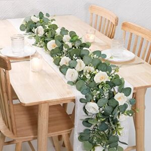 TOCHGREEN 4 Pack Artificial Eucalyptus Flower Garland with White Roses, Fake Rose Flower Greenery Garland Floral Vines for Wedding Home Party Table Runner Decor (4PCS, White) - Image 2