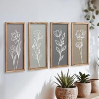 3D Wooden Floral Bathroom Wall Decor (Set of 4) Lightweight, Ready-to-Hang Framed Wall Art For Living Room, Bedroom, or Office - Premium Boho Botanical Farmhouse Decorations - Gift-Boxed