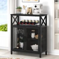 FOLUBAN Black Wine Bar Cabinet, Modern Coffee Bar Cabinet with Storage for Home, Farmhouse Sideboard Buffet Cabinet for Liquor and Glasses with Wine Rack for Kitchen Dining Living Room, 47 Inch