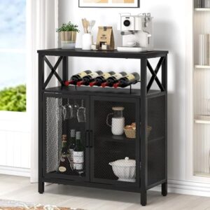 FOLUBAN Black Wine Bar Cabinet, Modern Coffee Bar Cabinet with Storage for Home, Farmhouse Sideboard Buffet Cabinet for Liquor and Glasses with Wine Rack for Kitchen Dining Living Room, 47 Inch
