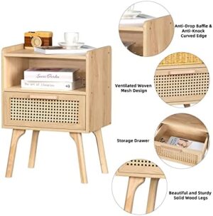 Lerliuo Rattan Nightstand, Boho Side Table with Drawer Open Shelf, Cane Accent Bedside End Table with Solid Wood Legs for Bedroom, Dorm and Small Spaces (Natural) - Image 6