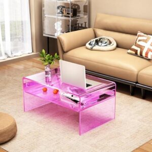 Acrylic Coffee Table for Living Room Clear Rectangle Lucite Table with Open Storage Shelf (1, Pink, Large) - Image 2