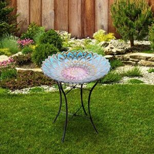 Teamson Home Handpainted Mosaic Flower Fusion Glass Pedestal Bird Bath for Outdoor Patio Garden Backyard Decking Décor, 21 inch Height, Blue and Purple - Image 3