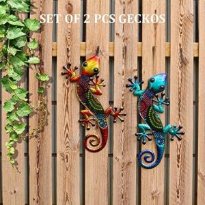 HONGLAND Metal Gecko Wall Art 2 Pack 15 Inch Lizard Outdoor Decor Hanging Glass Sculpture Decoration for Garden Fence Home - Image 4