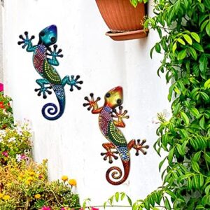 HONGLAND Metal Gecko Wall Art 2 Pack 15 Inch Lizard Outdoor Decor Hanging Glass Sculpture Decoration for Garden Fence Home - Image 2