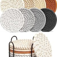 8 Pcs Drink Coasters with Holder, 8 Colors Absorbent Coasters for Drinks Minimalist Cup Coasters Cotton Coaster Set Woven Coasters for Coffee Table Home Decor Bar Housewarming Gift, 4.3 Inch
