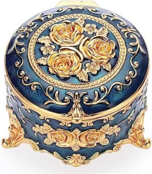 Hipiwe Antique Metal Jewelry Box Ring Earring Treasure Chest Case Small Trinket Box Round Jewelry Display Box Necklace Organizer Wedding Birthday Gift Home Decor, 3x3x2.4 inch