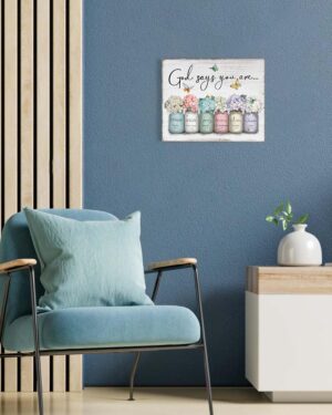 Inspirational Bible Verse Wall Art: God Says You Are Wall Sayings Flowers in Mason Jar Picture Print Christian Gift Quotes Poster for Women Girl Bedroom Decor 12" x 15" - Image 3