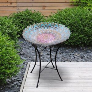 Teamson Home Handpainted Mosaic Flower Fusion Glass Pedestal Bird Bath for Outdoor Patio Garden Backyard Decking Décor, 21 inch Height, Blue and Purple - Image 7