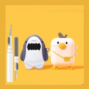 Cute Duck & Shark Case for Airpod 2nd 1st Generation Case, Funny 3D Cartoon Kawaii Cool Airpods Cover Skin with Cleaning Kit & Keychain for Apple Air pod Gen 2 & 1 Boys Girls Kids Teen, Bag Duck+Shark