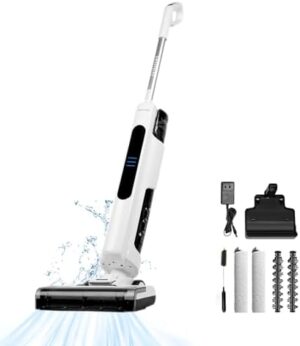 Cordless Wet Dry Vacuum Cleaner for Hard Floors/Carpet, Lightweight Vacuum Cleaner Mop with Self Cleaning, Swivel Steering, LED Display & Voice Assistance, Upright Vacuum for Home