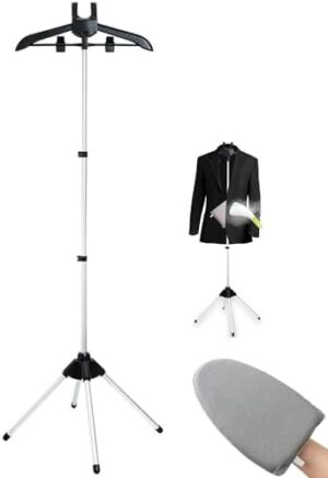 Foldable Garment Steamer Stand with Ironing Gloves for Clothes,Adjustable Steamer Rack with Two Clips for Suit Shirt Overcoat Vest,Steam Iron Stand for Bedroom Cloakroom,Steamer Hanger for Travel