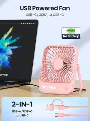 USB Desk Fan 2Pack, USB C Corded Powered Personal Fan, Strong Airflow Quiet Operation, 3 Speeds Wind Small USB Desktop Fan With 180° Tilt Folding for Office Table Home Pink - Image 2