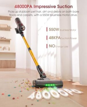 UNINELL HOME Cordless Vacuum Cleaner, 48000Pa 550W 65Mins Vacuum Cleaners for Home,LED Touch Display, Anti-Tangle Stick Vacuum Self-Standing, Vacuum Cordless Rechargeable for Pet Hair/Carpet - Image 4