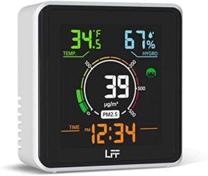 LFF Air Quality Monitor, PM2.5 Detector Indoor Air Quality Monitor, Temperature Tester, and Humidity Meter, Real Time Color Display with Backlight